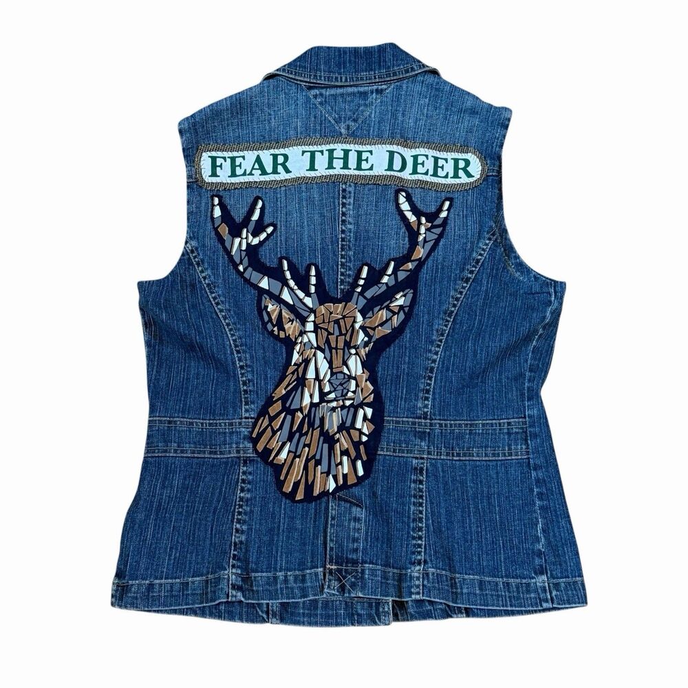 Milwaukee Bucks FEAR THE DEER Upcycled Denim Vest Large Custom NBA